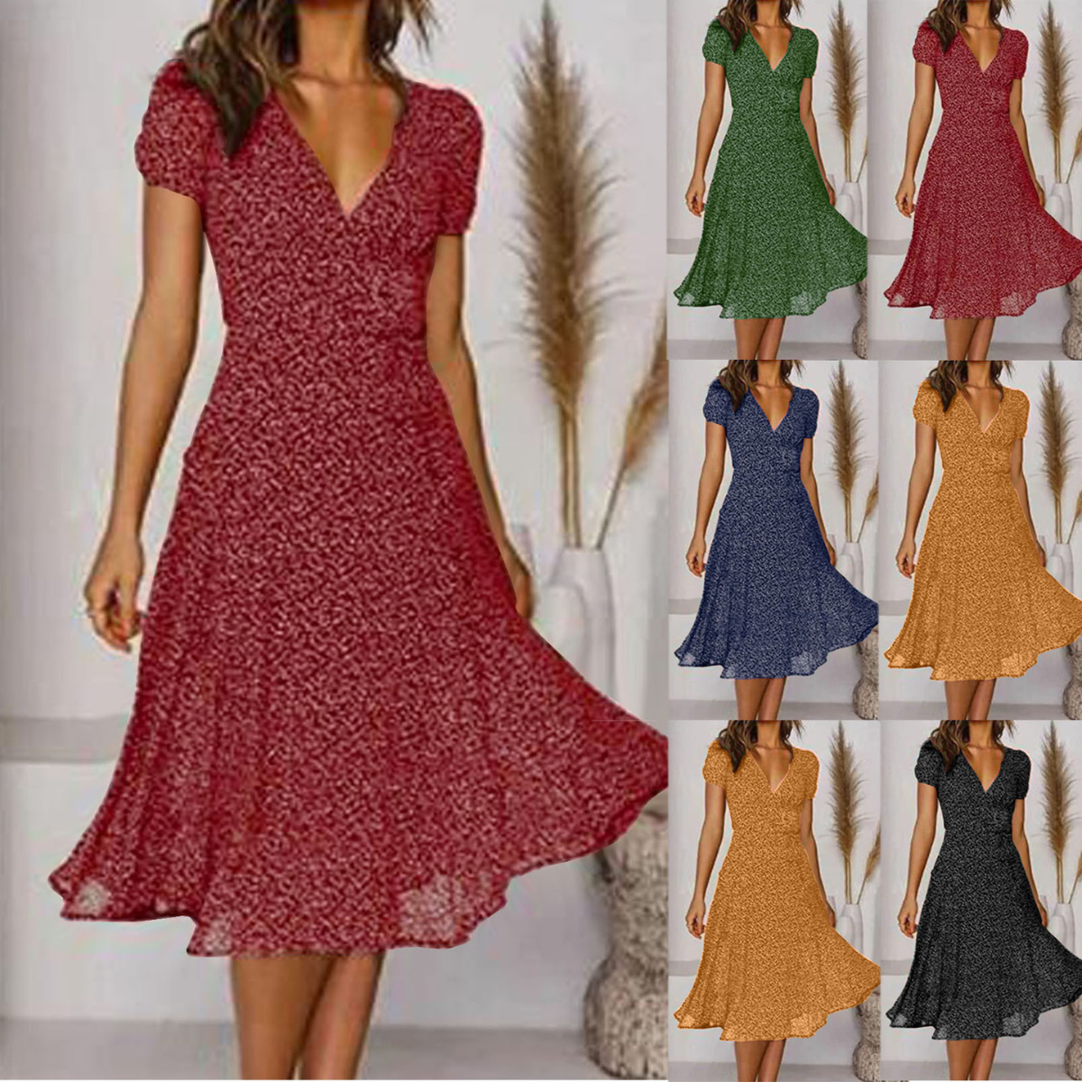 🌈💃【50% popusta🔥】👗😍2025 nova ženska modna točkasta haljina s V-izrezom i kratkim rukavima, točkasta haljina od šifona