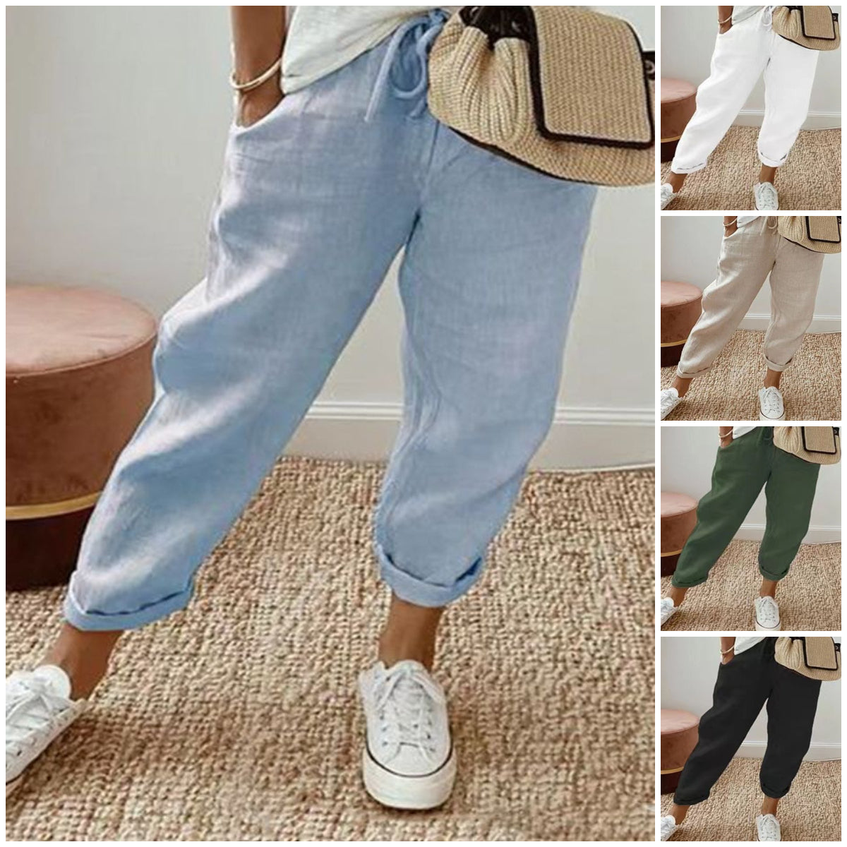 【S-3XL】Pantaloni casual pentru femei din bumbac și in, opțiuni multicolore - 3946774