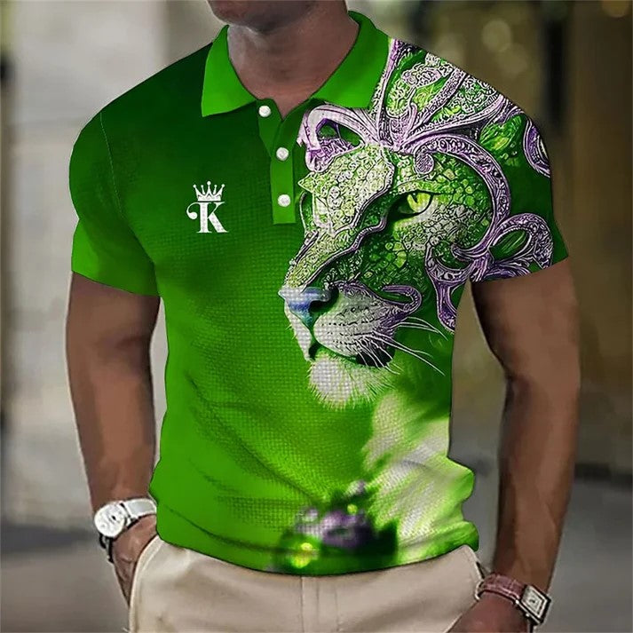 Tricou polo bărbătesc cu imprimeu 3D cu leu 2024