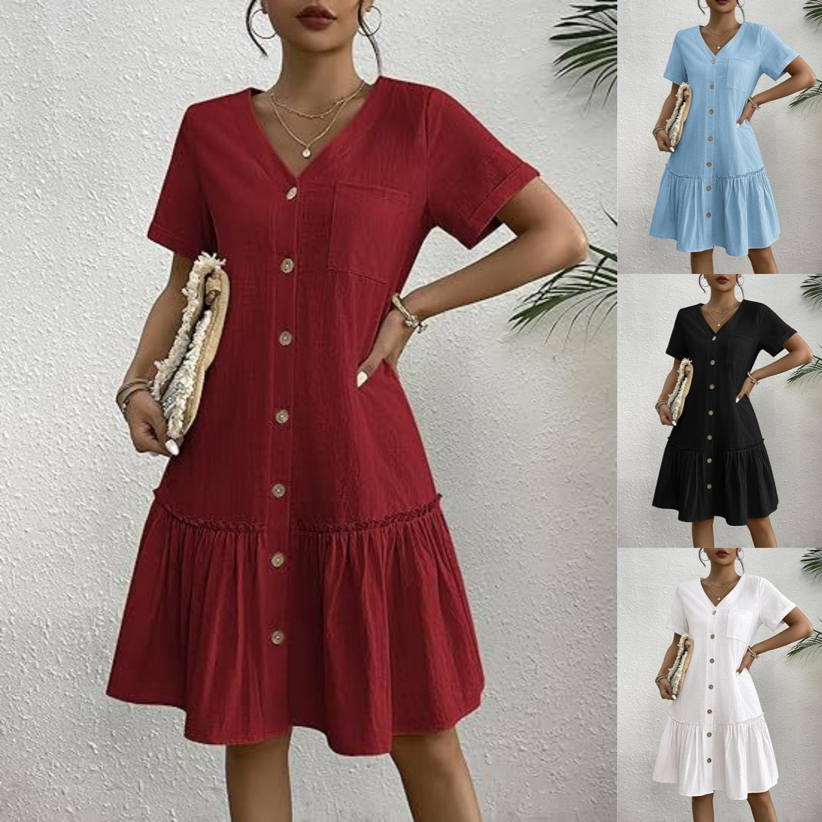 👗🎁【S-2XL】 Ljeto 2025., novi stil, moderna, široka jednobojna haljina kratkih rukava s gumbima od pamuka i lana
