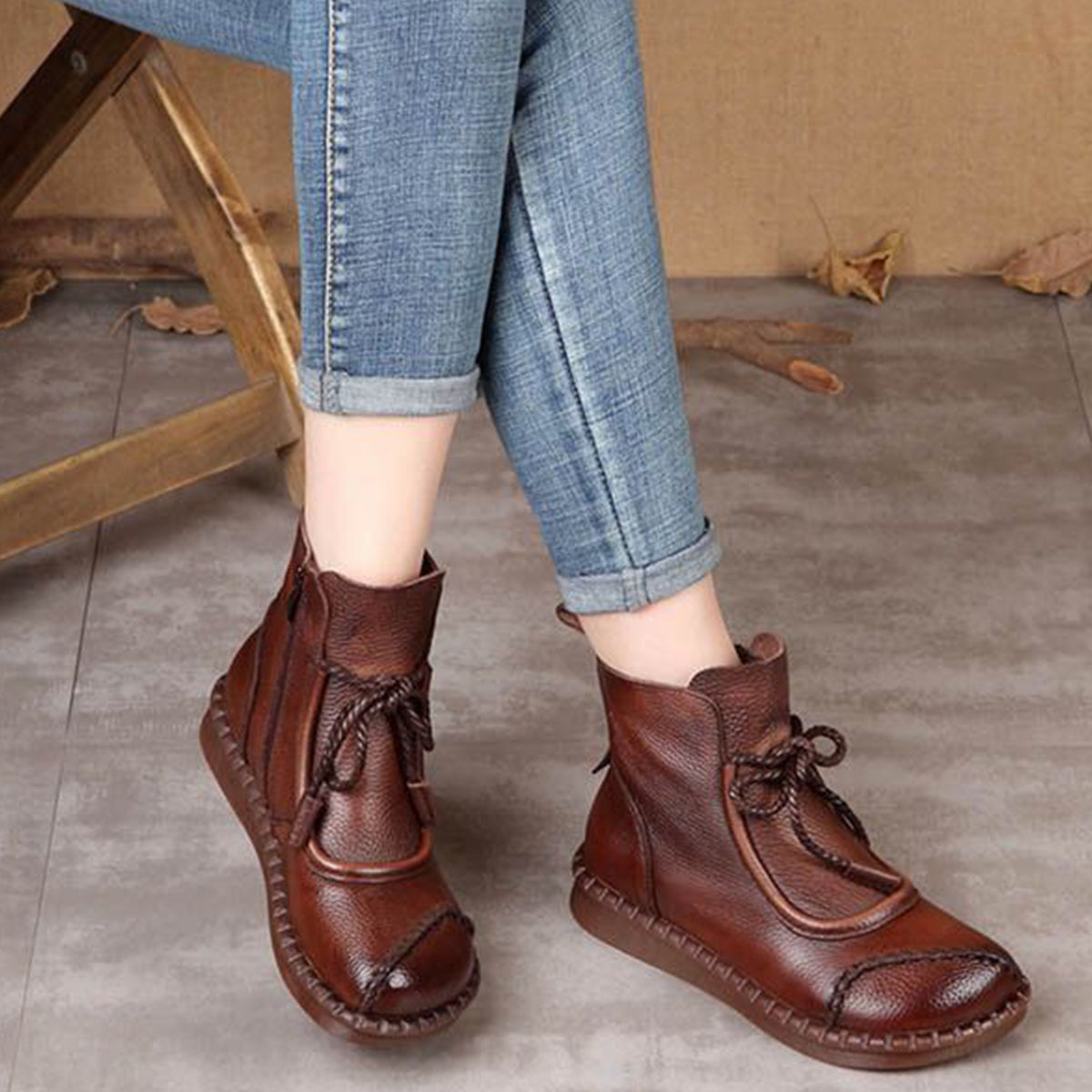 👢【35-40】Vintage kožne ženske gležnjače – ručno šivane, udobne i tople za jesen i zimu