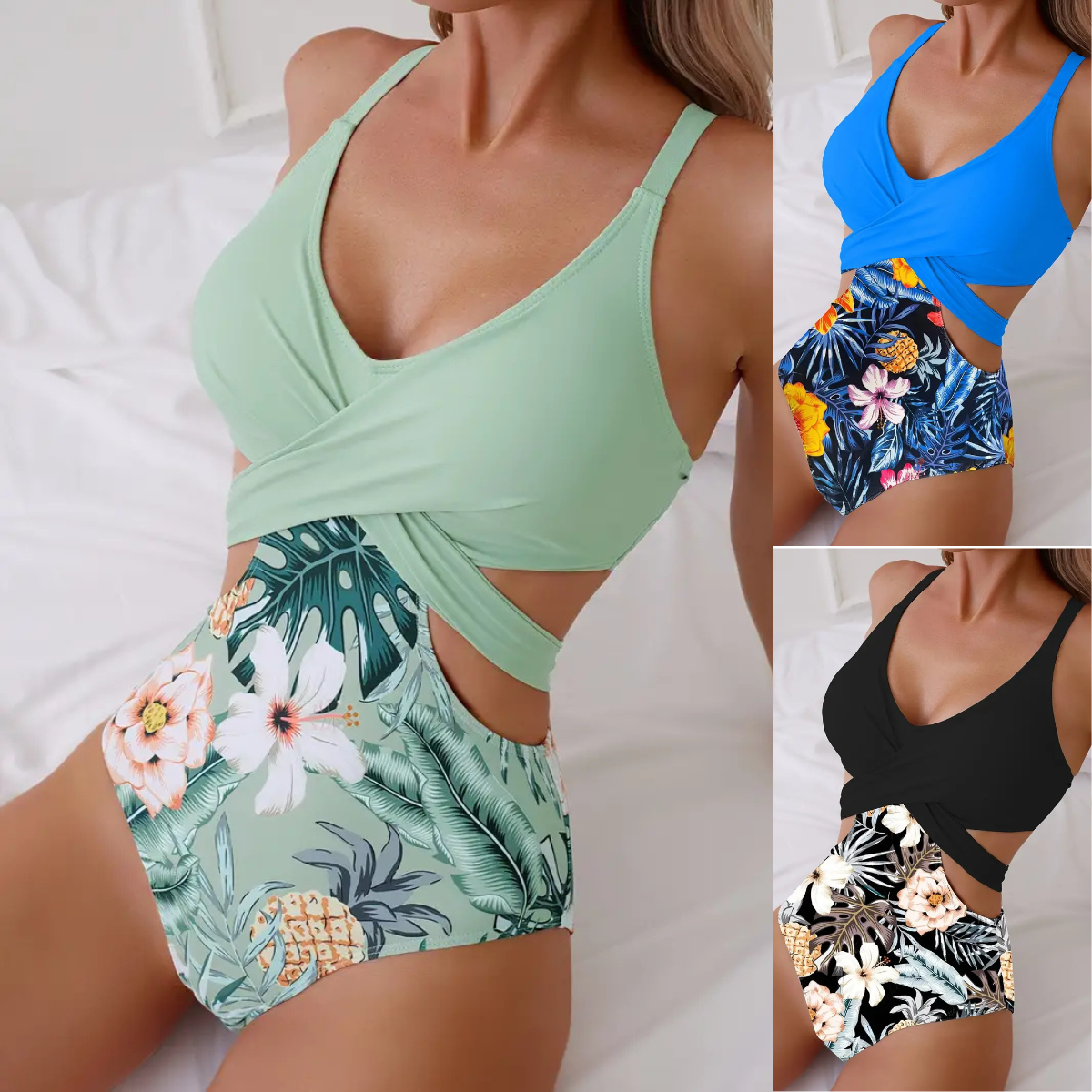 👙🌵【S–XL】【50% popusta 🔥】Jednodijelni bikini kupaći kostim za žene s oblinama, havajski uzorak, s izrezima, vezanjem i križanjem