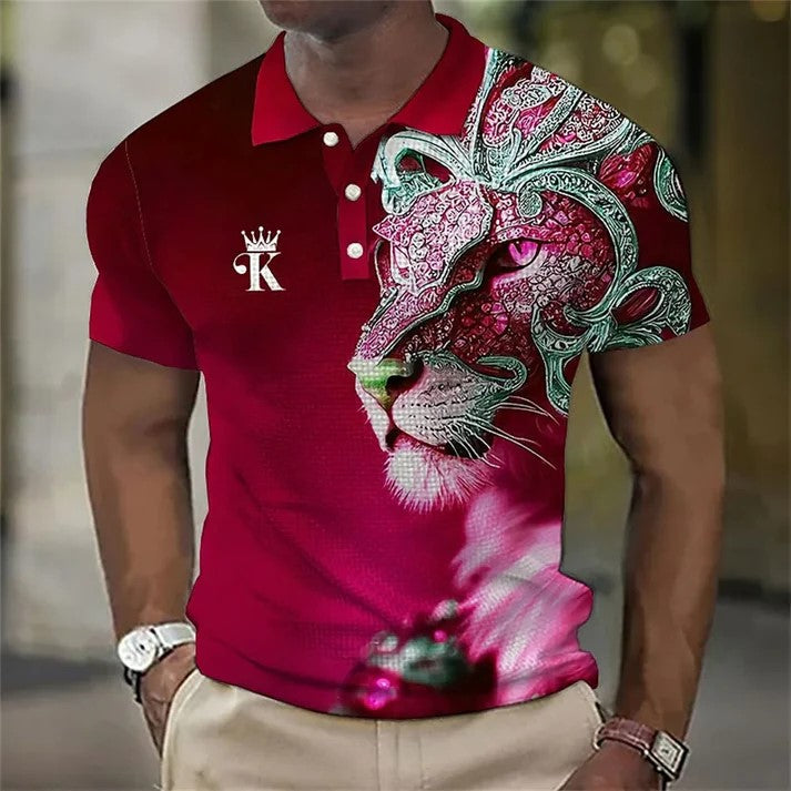Tricou polo bărbătesc cu imprimeu 3D cu leu 2024