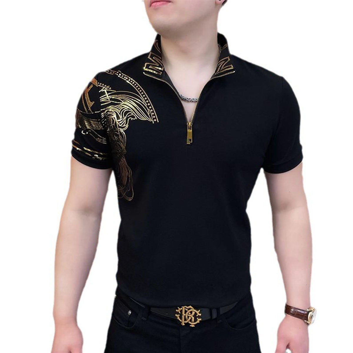 🔥【Vânzare excelentă】 Tricou polo elegant pentru bărbați, cu rever și fermoar - Negru clasic cu broderie rafinată