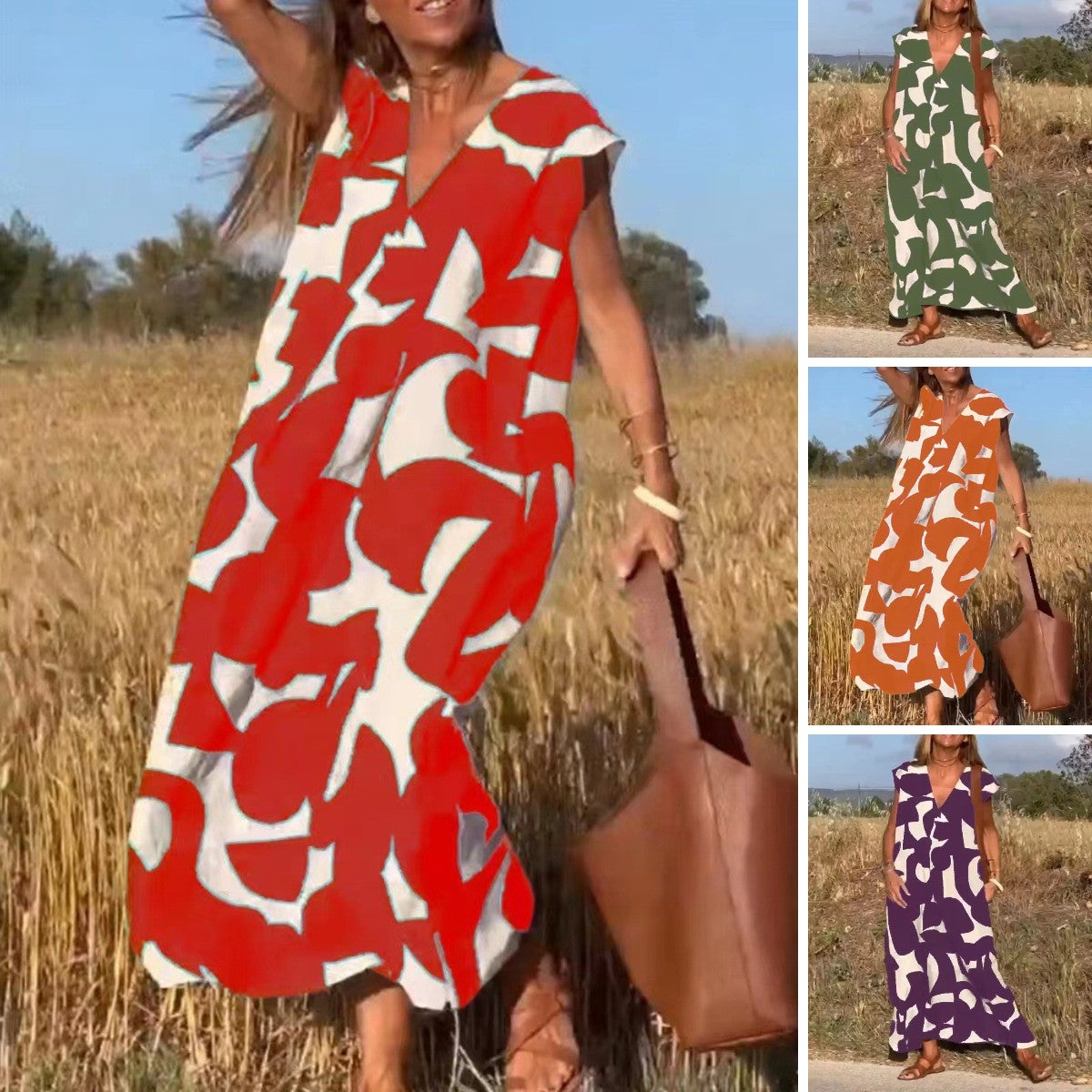👗💖【S-3XL】Rochie lungă nouă pentru femei, la modă, cu imprimeu geometric, asortat în culori, moale, confortabilă și respirabilă.