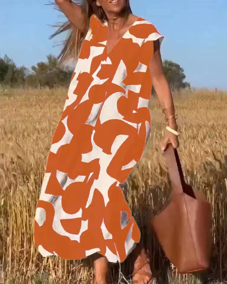 👗💖【S-3XL】Rochie lungă nouă pentru femei, la modă, cu imprimeu geometric, asortat în culori, moale, confortabilă și respirabilă.
