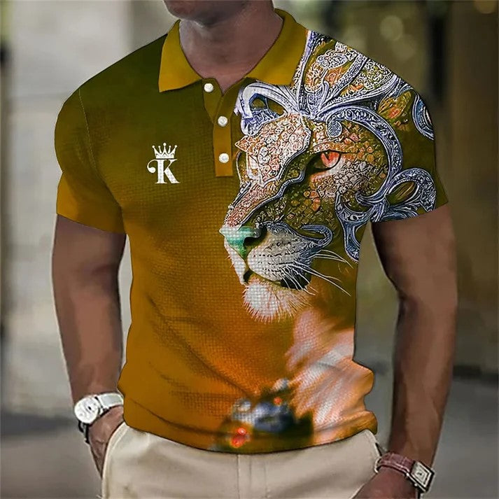 Tricou polo bărbătesc cu imprimeu 3D cu leu 2024