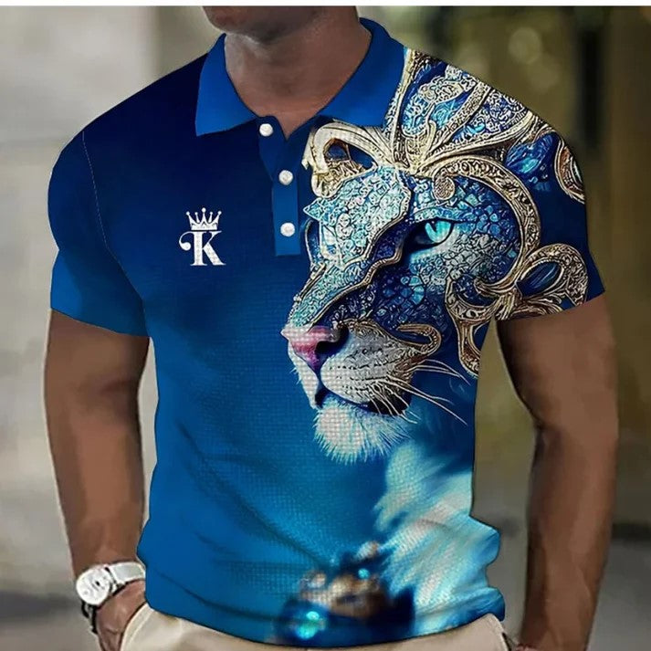 Tricou polo bărbătesc cu imprimeu 3D cu leu 2024