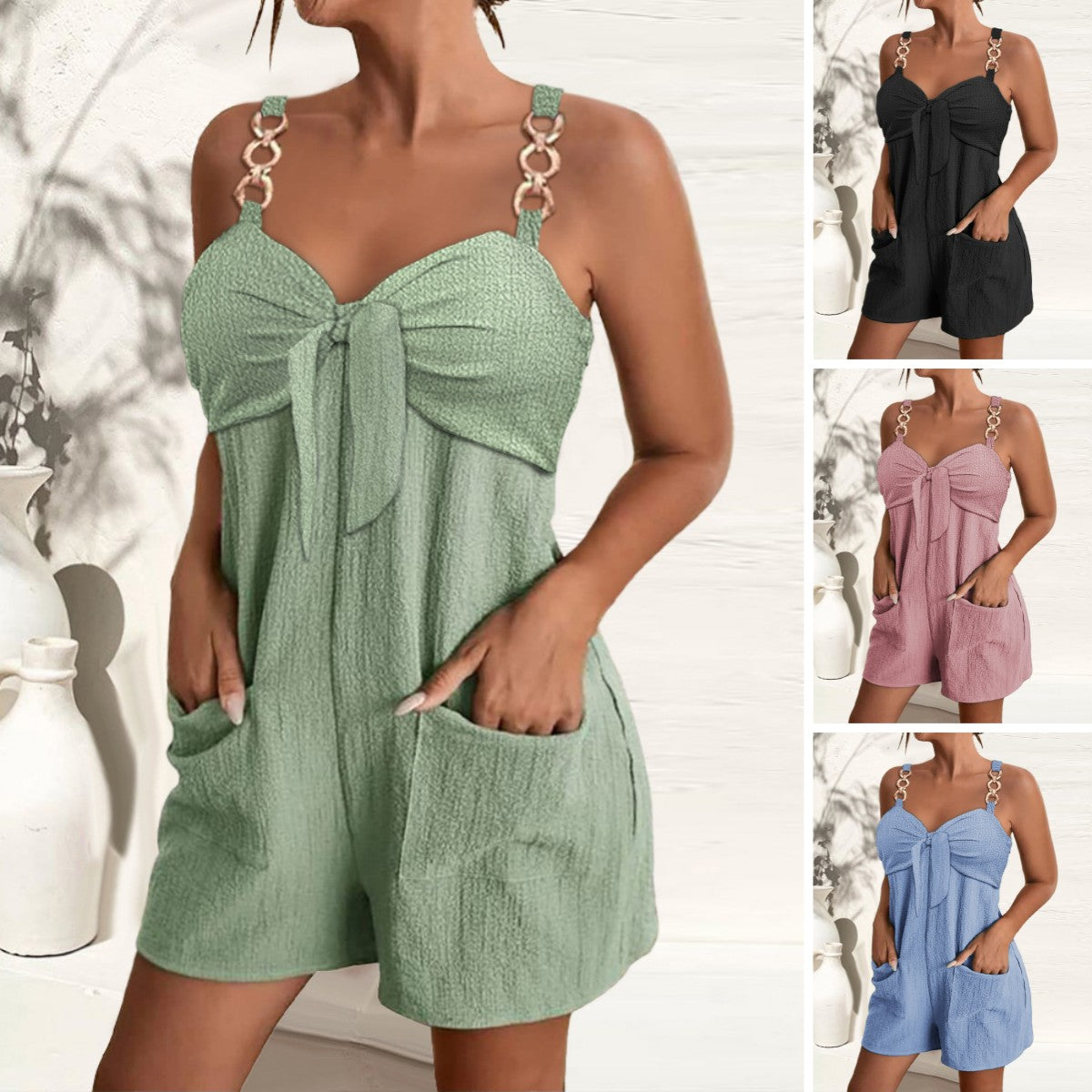 🎀👖【Ljetni novi artikli - 50% popusta🔥】【S–2XL】Ženski jednobojni platneni kombinezon s naramenicama s ukrasnim prstenima, mekane, udobne i prozračne