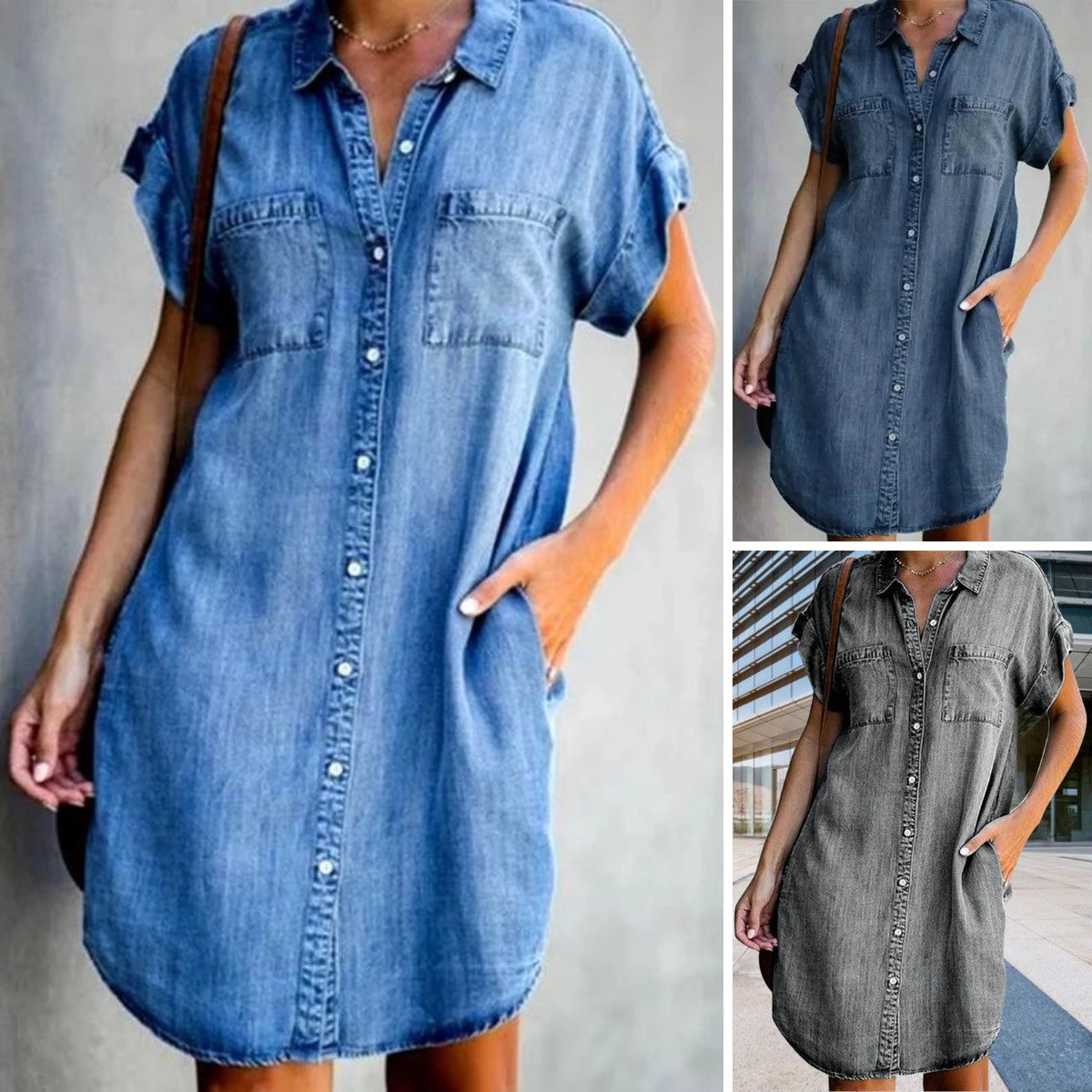 🔥【S-5XL】Rochie din denim cu mânecă scurtă