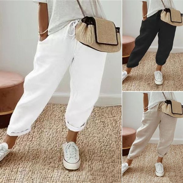 【S-3XL】Pantaloni casual pentru femei din bumbac și in, opțiuni multicolore - 3946774