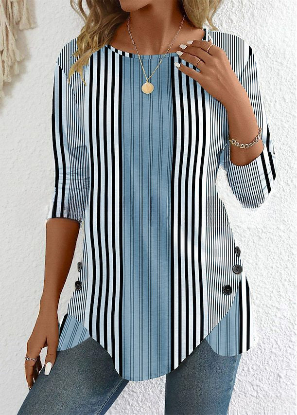 ✨【45% zniżki】【S-5XL】2025 Nowa wiosenna, modna, swobodna, drukowana koszula damska w paski-3913574