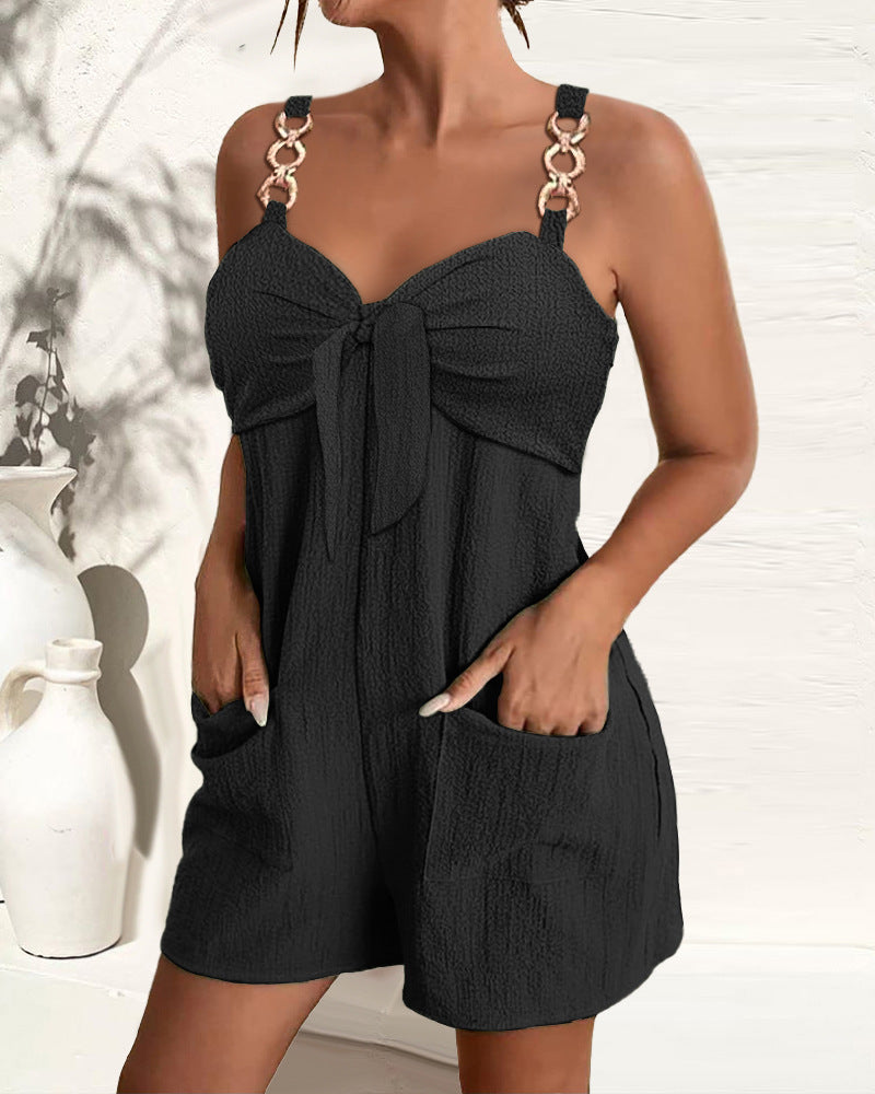 🎀👖【Ljetni novi artikli - 50% popusta🔥】【S–2XL】Ženski jednobojni platneni kombinezon s naramenicama s ukrasnim prstenima, mekane, udobne i prozračne