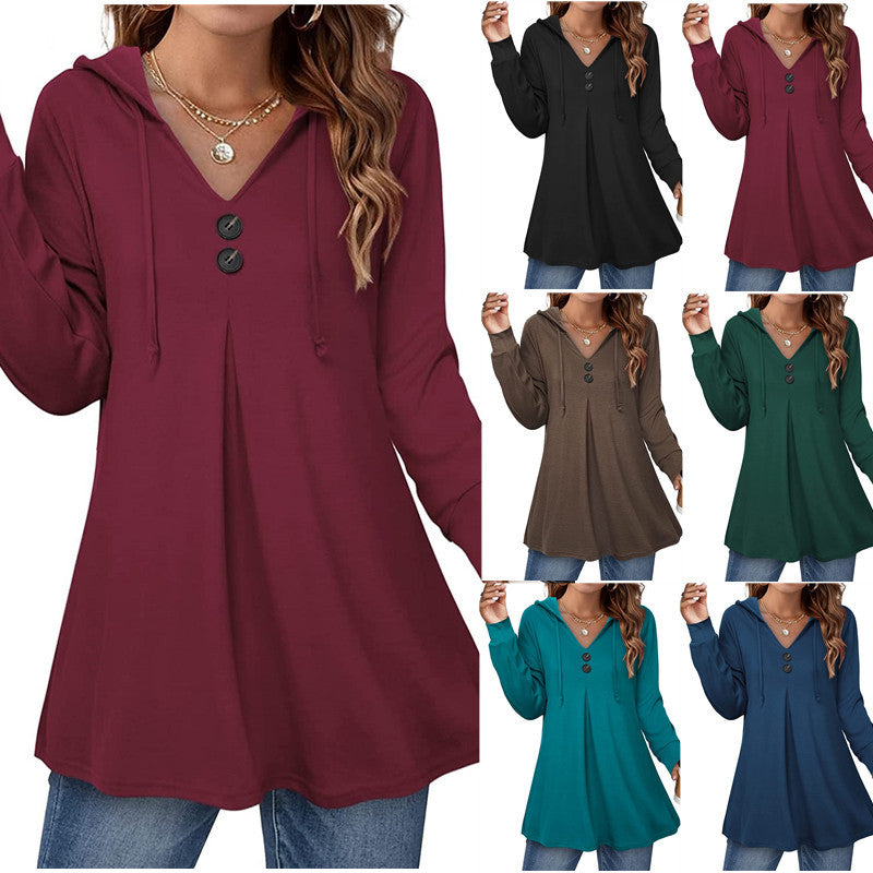 【Reducere originală din fabrică 45%】Tricou de damă nou, de primăvară 2025, casual, cu mânecă lungă, decolteu în V și glugă
