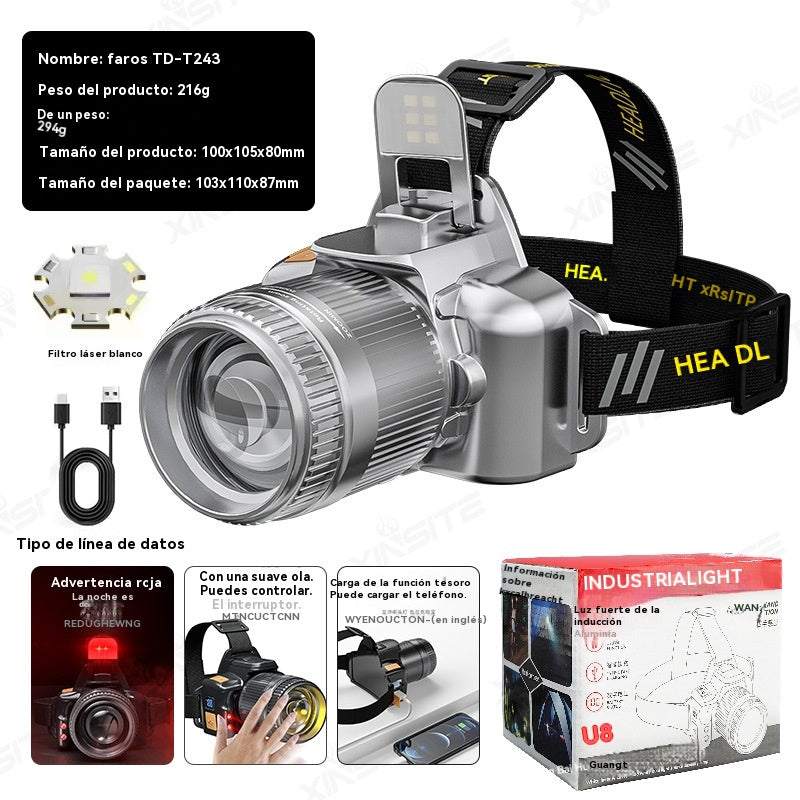 🔥Linterna frontal con reflector para acampar al aire libre 🔦Lámpara LED recargable de larga duración para pesca nocturna y minería