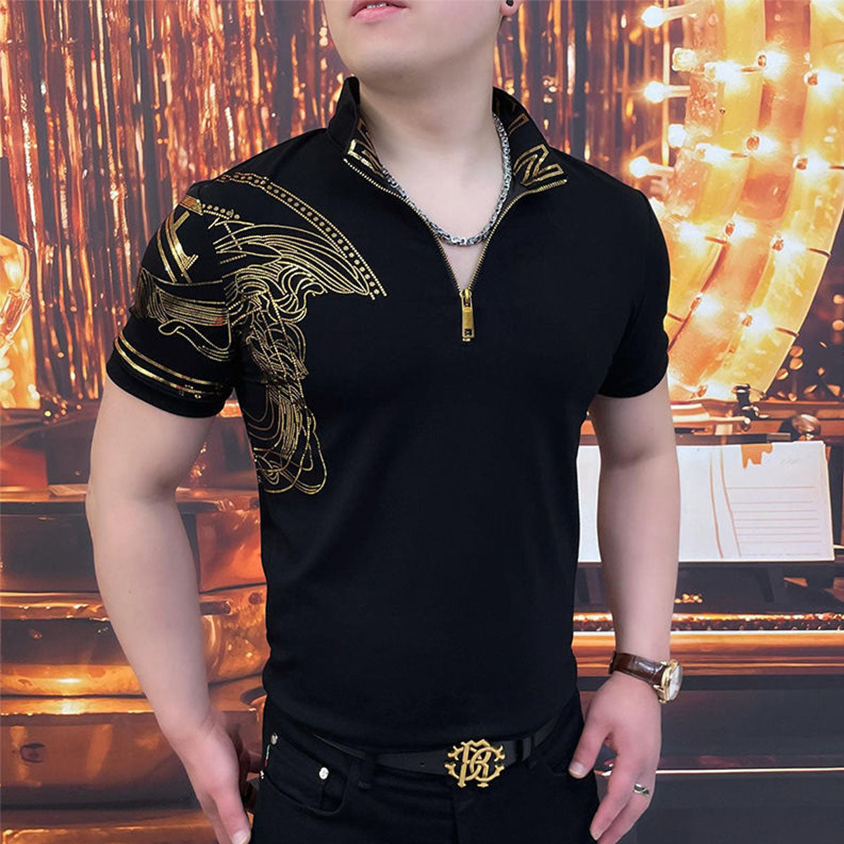 🔥【Vânzare excelentă】 Tricou polo elegant pentru bărbați, cu rever și fermoar - Negru clasic cu broderie rafinată