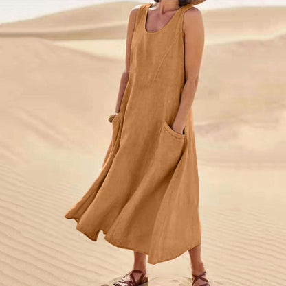 🌈👗【S-5XL】Nova elegantna jednobojna haljina bez rukava s okruglim izrezom od pamuka i lana za ljeto 2025.