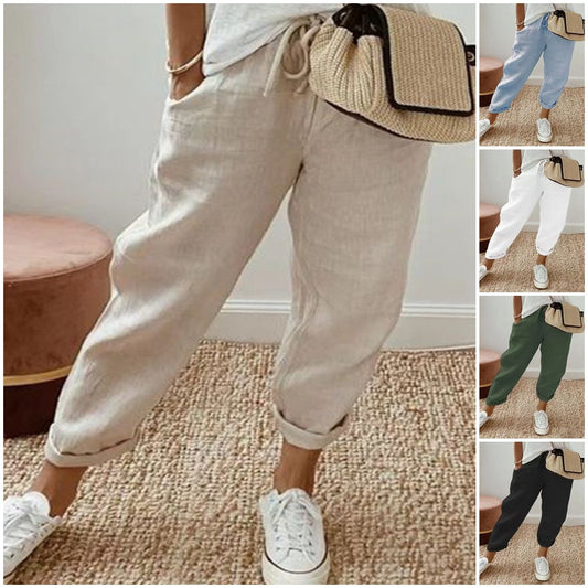 【S-3XL】Pantaloni casual pentru femei din bumbac și in, opțiuni multicolore - 3946774 