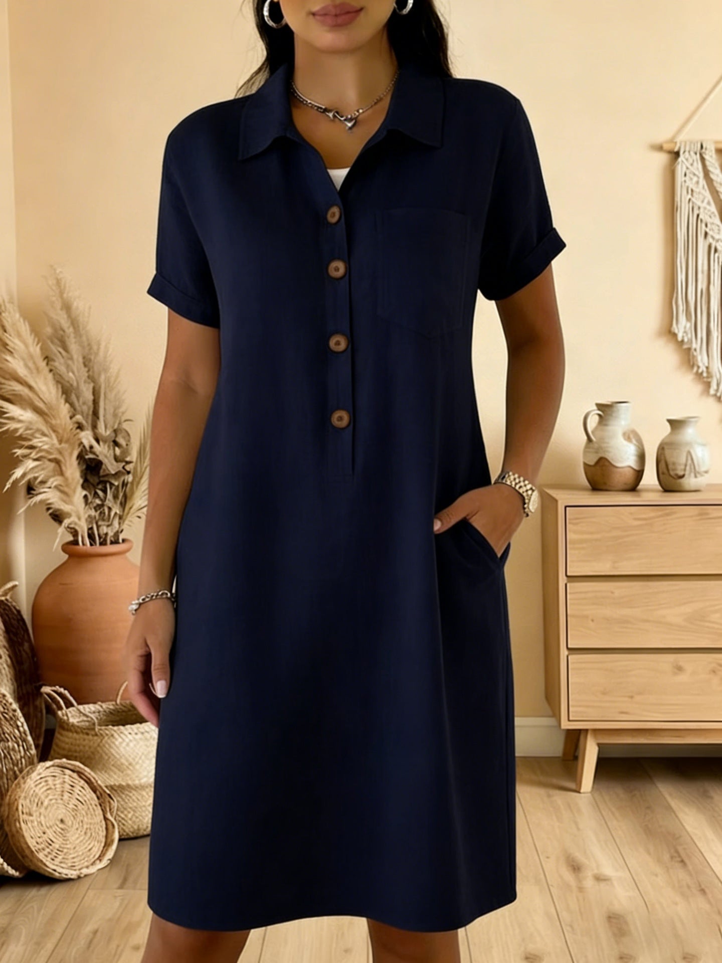 ⏳ Časovo obmedzená ponuka! ⏰🍋【S-3XL】Nové elegantné a jednoduché dámske šaty na gombíky - zakrýva paže, lichotí postave, je zoštíhľujúci a pohodlný.