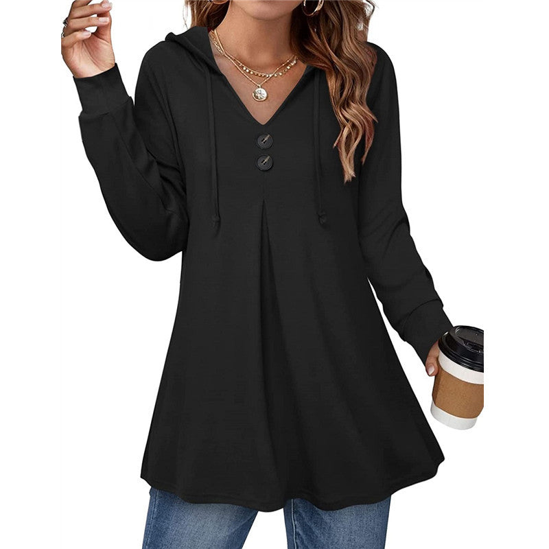 【Reducere originală din fabrică 45%】Tricou de damă nou, de primăvară 2025, casual, cu mânecă lungă, decolteu în V și glugă 