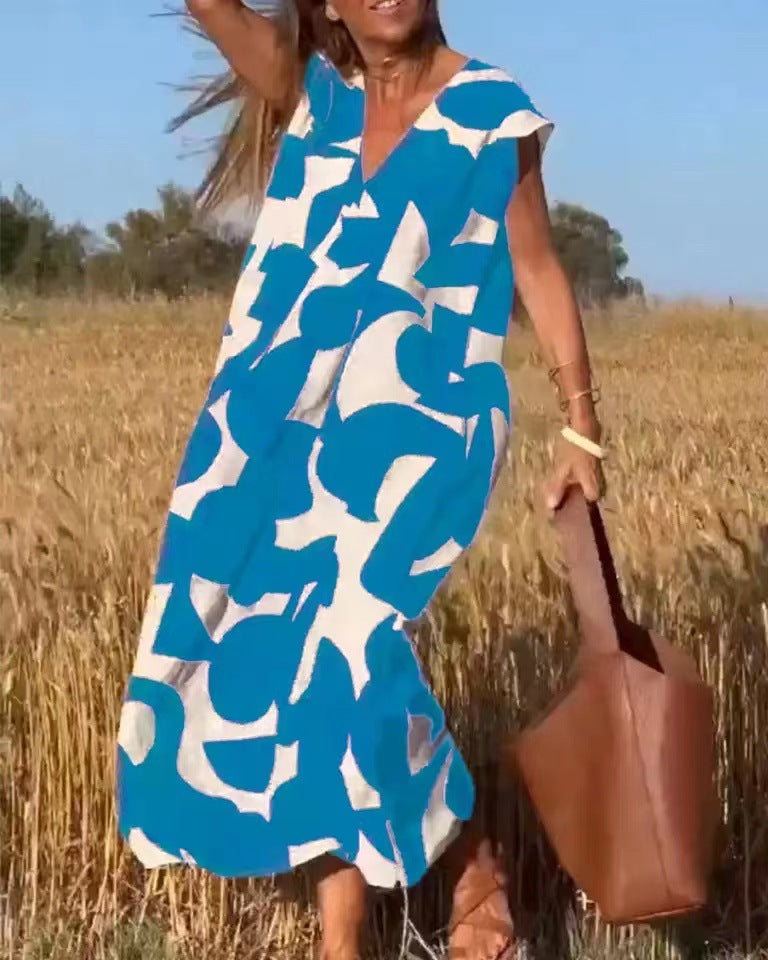 👗💖【S-3XL】Rochie lungă nouă pentru femei, la modă, cu imprimeu geometric, asortat în culori, moale, confortabilă și respirabilă.