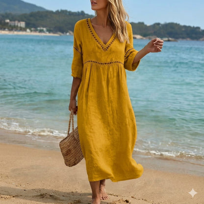 👗【S-3XL】Letní módní bavlněno-lněné šaty s výstřihem do V, prodyšné, pohodlné a zeštíhlující
