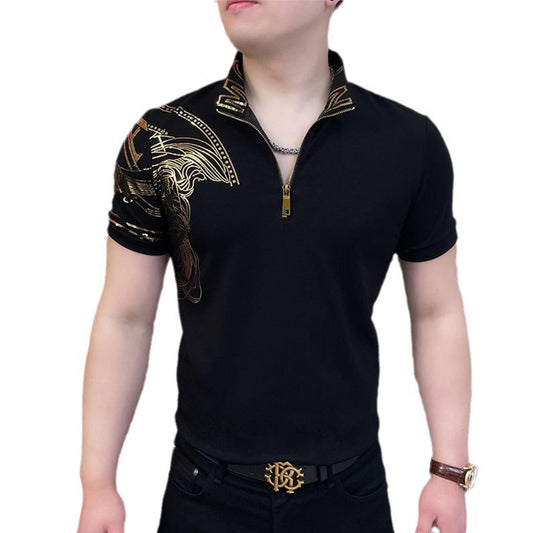 🔥【Vânzare excelentă】 Tricou polo elegant pentru bărbați, cu rever și fermoar - Negru clasic cu broderie rafinată