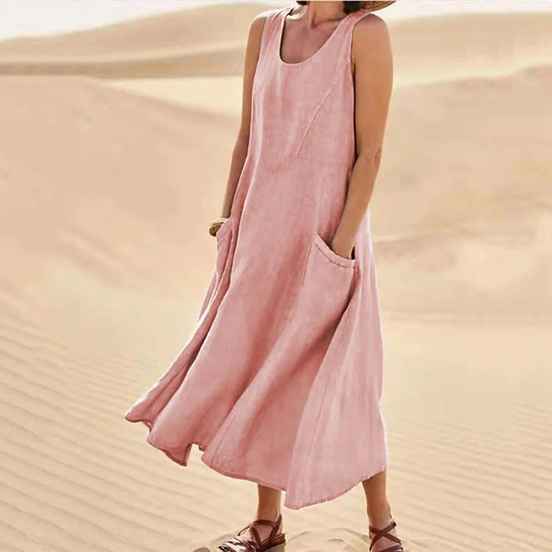 🌈👗【S-5XL】Nova elegantna jednobojna haljina bez rukava s okruglim izrezom od pamuka i lana za ljeto 2025.