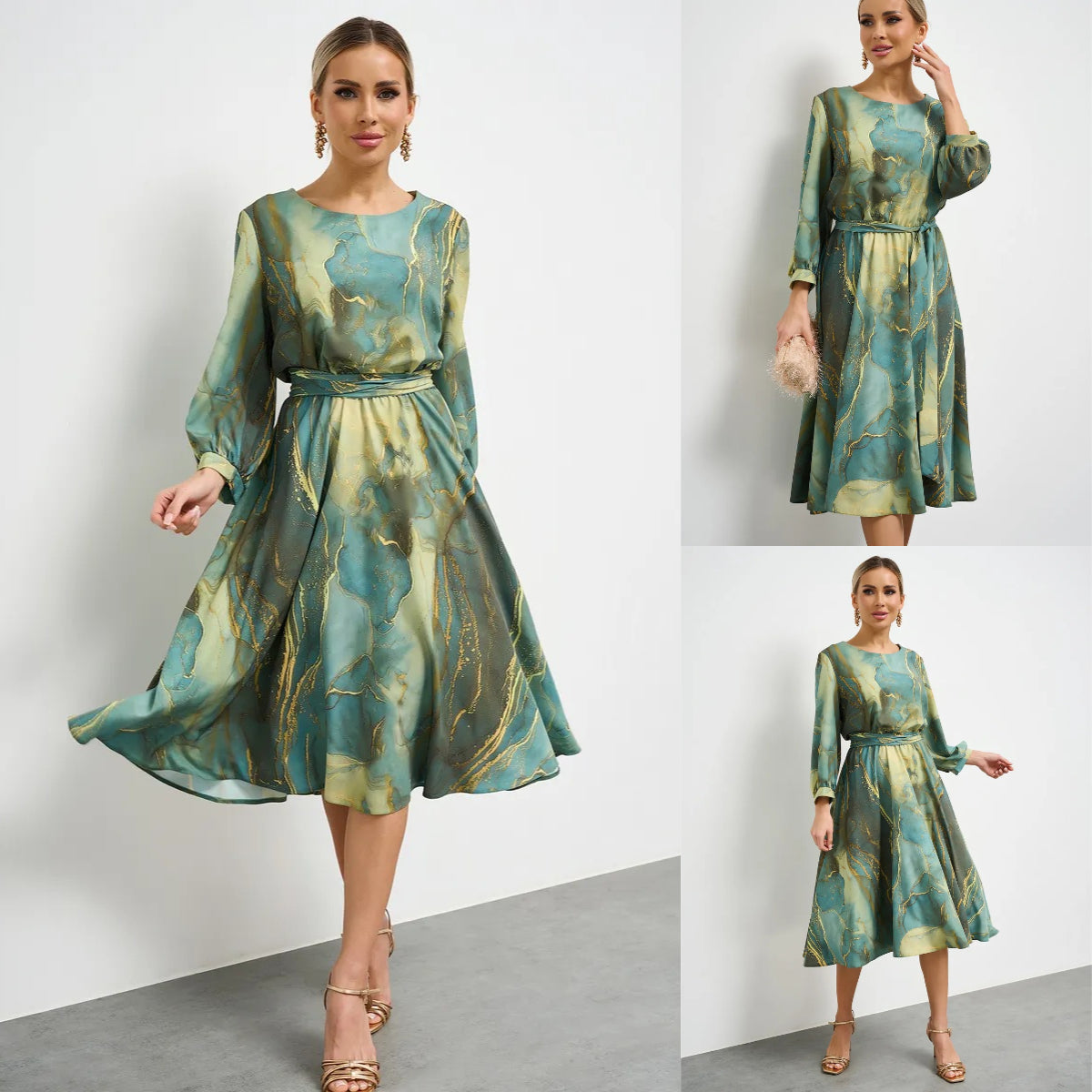 🌿👗【Proljetna vila】elegantna zelena haljina s dugim rukavima i suknjom🌸💃 3907609