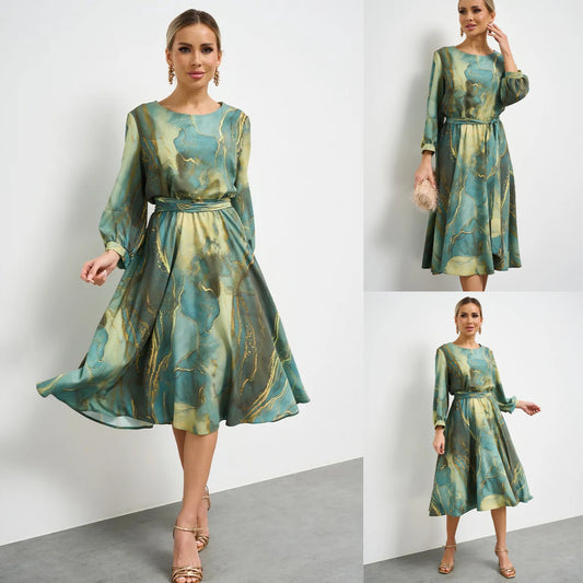 🌿👗【Jarní víla】elegantní zelené šaty s dlouhým rukávem a sukní🌸💃 3907609 