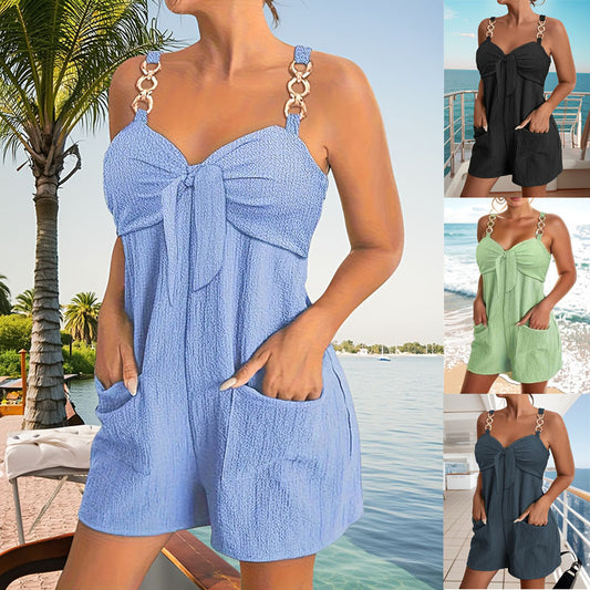 🎀👖【Ljetni novi artikli - 50% popusta🔥】【S–2XL】Ženski jednobojni platneni kombinezon s naramenicama s ukrasnim prstenima, mekane, udobne i prozračne