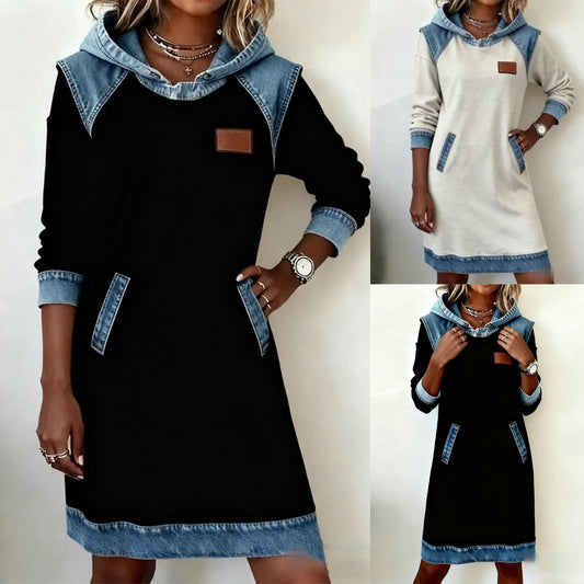 🔥【Kupte 1 a získejte 1 zdarma】🌷🌞Zimní novinka Módní džínové patchworkové šaty s kapucí