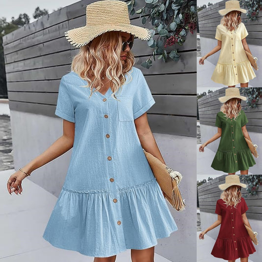 👗🎁【S-2XL】 Ljeto 2025., novi stil, moderna, široka jednobojna haljina kratkih rukava s gumbima od pamuka i lana