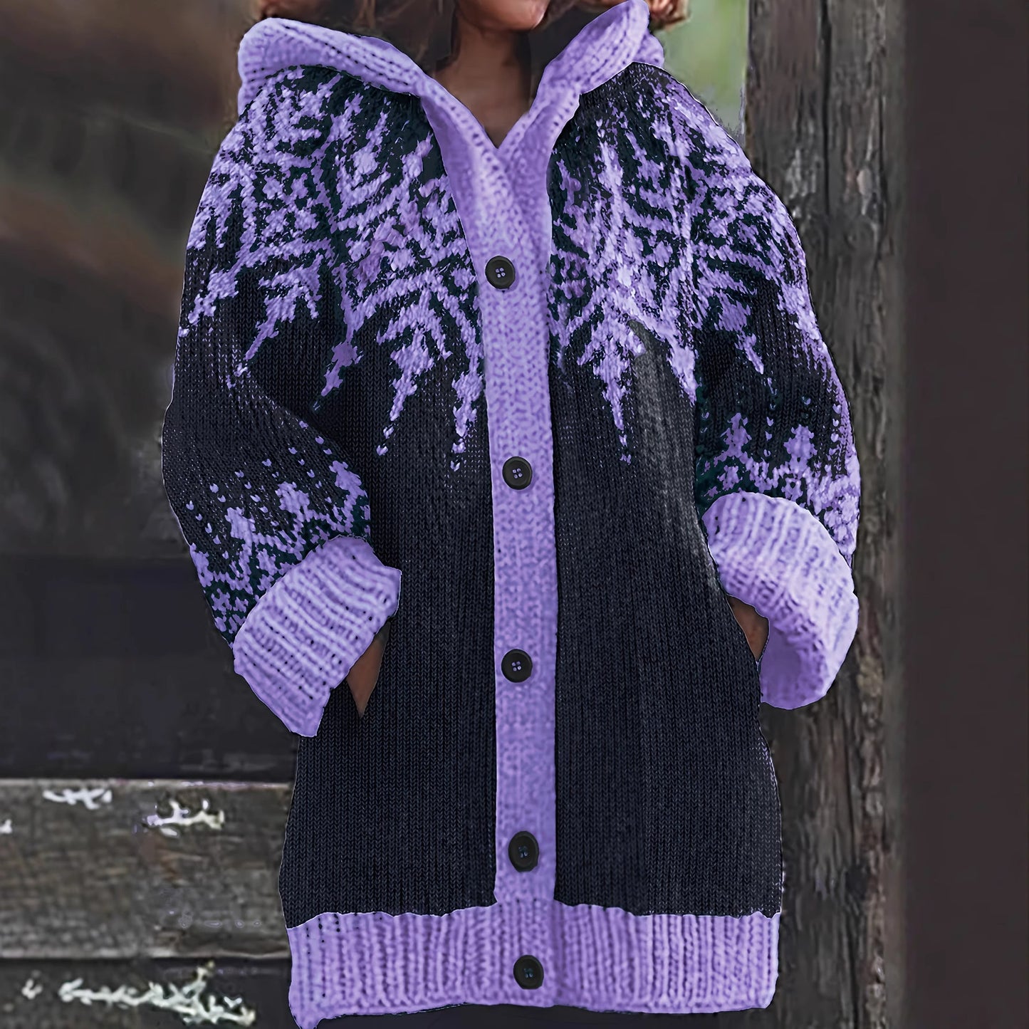 ⛄❄️【S~5XL】Elegantní retro bunda s kapucí pro ženy – Stylové barevné bloky a sněhové vločky pro zimní eleganci