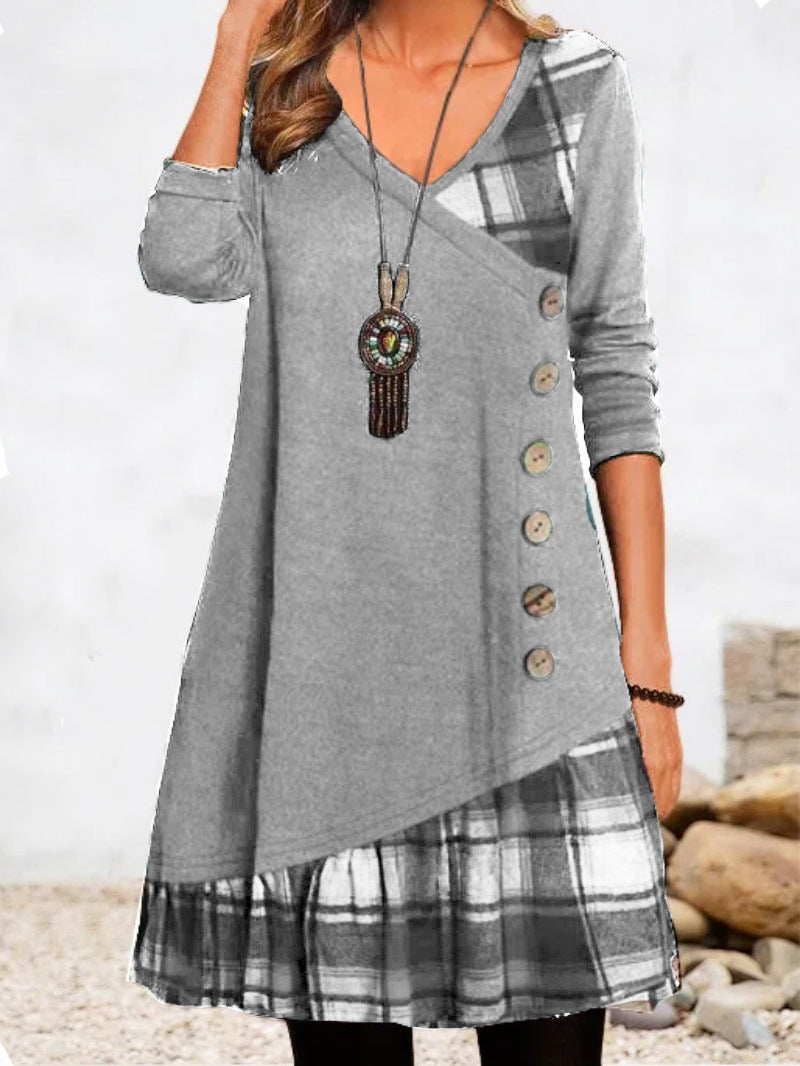 👗【S-3XL】Rochie cu mânecă lungă în carouri de primăvară și vară 2024