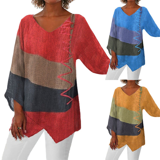 【S-4XL】Tricou nou casual cu mânecă lungă, tiv neregulat, imprimeu artistic și decolteu în V 