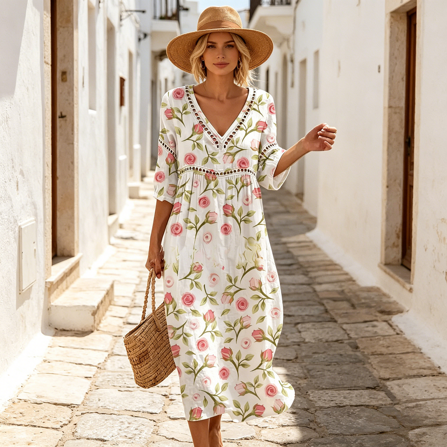👗【S–3XL】Dlhé letné šaty z bavlny a ľanu s kvetinovým vzorom, V-výstrihom a tvarovaným pásom. Vzdušný voľný strih pohodlne zakryje bruško a zvýrazní ženskú siluetu.