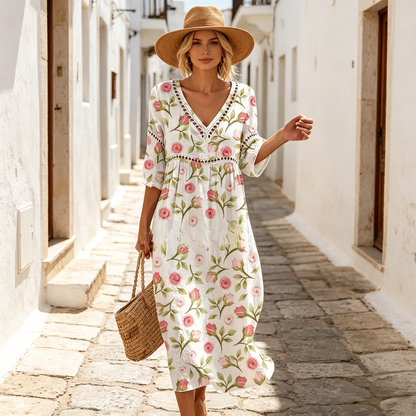 👗【S–3XL】Dlhé letné šaty z bavlny a ľanu s kvetinovým vzorom, V-výstrihom a tvarovaným pásom. Vzdušný voľný strih pohodlne zakryje bruško a zvýrazní ženskú siluetu.