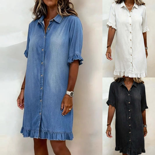 👗【S-3XL】Džínsové košeľové šaty voľného strihu s volánikmi - Trojrozmerný strih, voľný strih, pohodlné a priedušné.