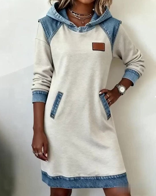 🔥【Kupite enega, enega dobite brezplačno】🌷🌞Nova zimska modna patchwork obleka s kapuco iz džinsa-L