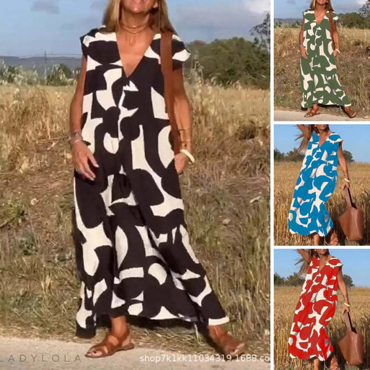👗💖【S-3XL】Rochie lungă nouă pentru femei, la modă, cu imprimeu geometric, asortat în culori, moale, confortabilă și respirabilă.