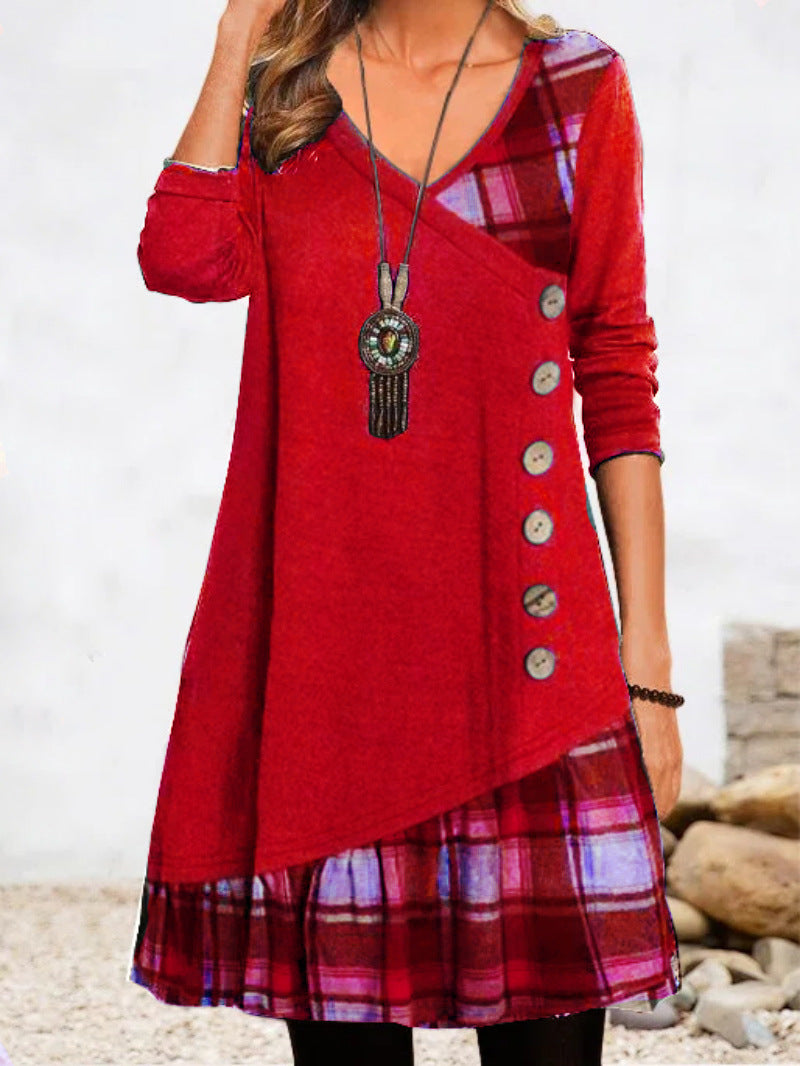 👗【S-3XL】Rochie cu mânecă lungă în carouri de primăvară și vară 2024