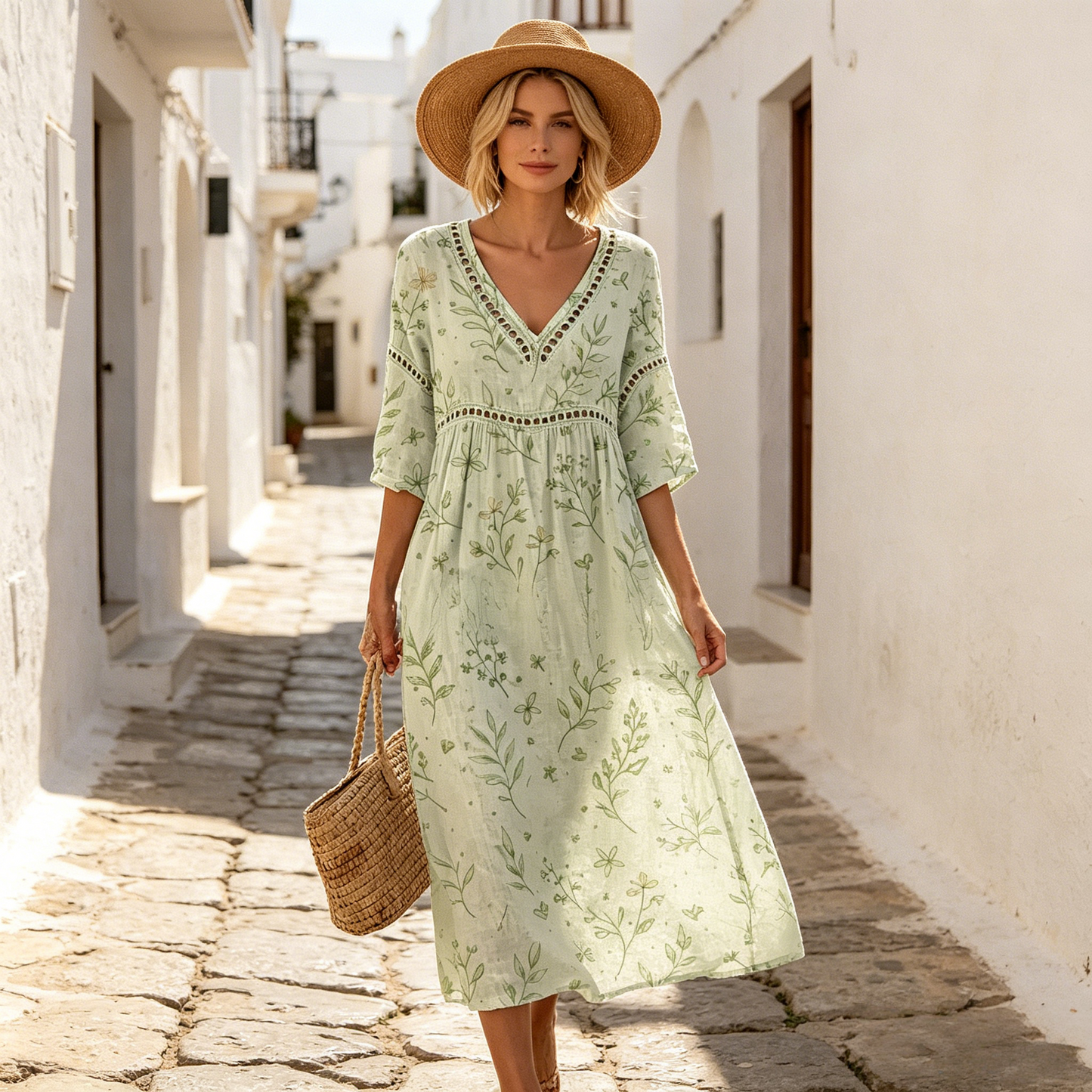 👗【S–3XL】Dlhé letné šaty z bavlny a ľanu s kvetinovým vzorom, V-výstrihom a tvarovaným pásom. Vzdušný voľný strih pohodlne zakryje bruško a zvýrazní ženskú siluetu.