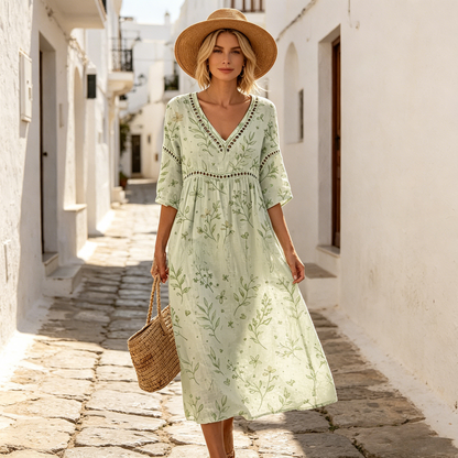 👗【S–3XL】Dlhé letné šaty z bavlny a ľanu s kvetinovým vzorom, V-výstrihom a tvarovaným pásom. Vzdušný voľný strih pohodlne zakryje bruško a zvýrazní ženskú siluetu.