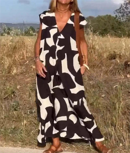 👗💖【S-3XL】Rochie lungă nouă pentru femei, la modă, cu imprimeu geometric, asortat în culori, moale, confortabilă și respirabilă.