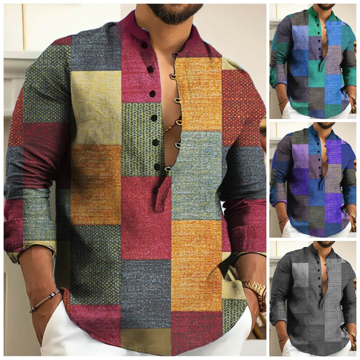 🔥🔥【S-3XL】Cămașă bărbătească din bumbac și in cu model geometric 