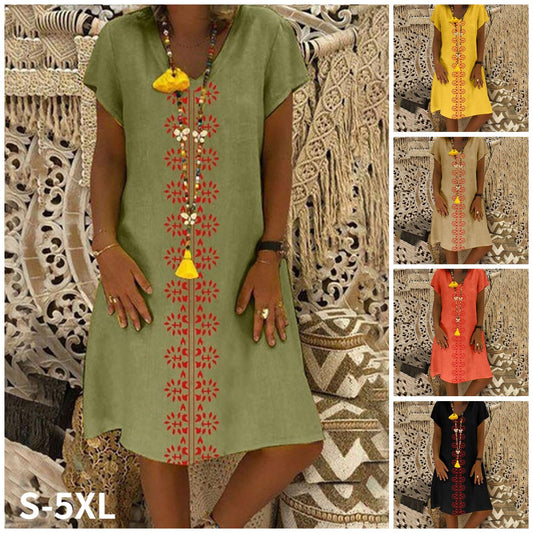 【🏆Livrare gratuită】👗【S-5XL】Rochie din bumbac cu decolteu în V și imprimeu 