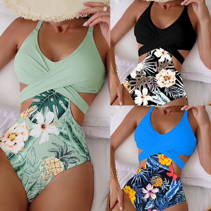 👙🌵【S–XL】【50% popusta 🔥】Jednodijelni bikini kupaći kostim za žene s oblinama, havajski uzorak, s izrezima, vezanjem i križanjem
