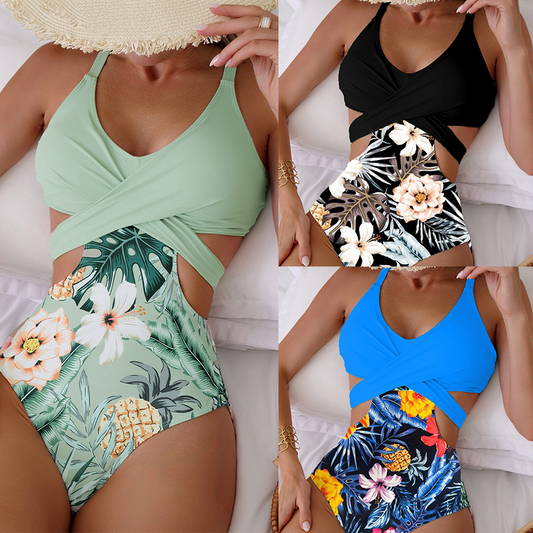 👙🌵【S–XL】【50% popusta 🔥】Jednodijelni bikini kupaći kostim za žene s oblinama, havajski uzorak, s izrezima, vezanjem i križanjem