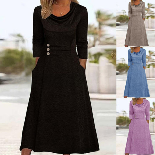 👗【49% zniżki】【S-3XL】2024 nowa jesienna sukienka z kieszeniami w jednolitym kolorze-3615477